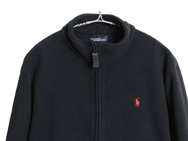 90s ポロ ラルフローレン フルジップ フリース ジャケット キッズ XL メンズ M 程 オールド ジャンパー ハイネック ワンポイント ポニー 黒
