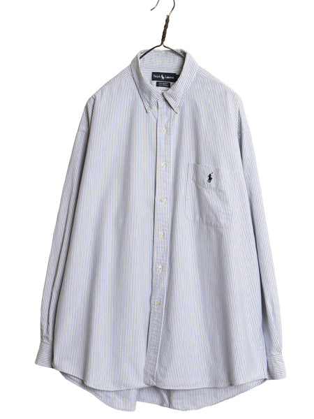90s BIG SHIRT ラルフローレン ストライプ 長袖 ボタンダウン シャツ メンズ XL 古着 オールド ポロ オックスフォード 大きいサイズ 青 白