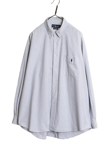 90s BIG SHIRT ラルフローレン ストライプ 長袖 ボタンダウン シャツ メンズ XL 古着 オールド ポロ オックスフォード 大きいサイズ 青 白