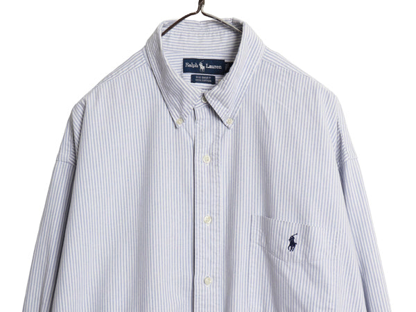 90s BIG SHIRT ラルフローレン ストライプ 長袖 ボタンダウン シャツ メンズ XL 古着 オールド ポロ オックスフォード 大きいサイズ 青 白
