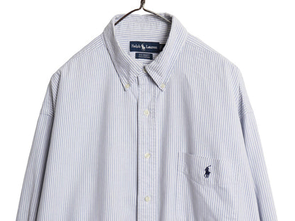 90s BIG SHIRT ラルフローレン ストライプ 長袖 ボタンダウン シャツ メンズ XL 古着 オールド ポロ オックスフォード 大きいサイズ 青 白