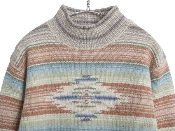 90s ローレン ラルフローレン ネイティブ ボーダー ニット セーター レディース S オールド ポロ ウール 手編み ハンドメイド ハイネック 