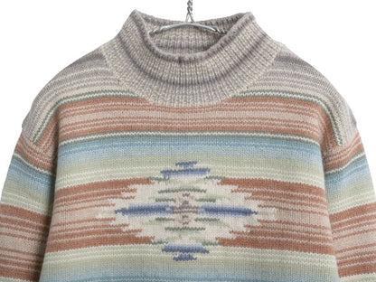 90s ローレン ラルフローレン ネイティブ ボーダー ニット セーター レディース S オールド ポロ ウール 手編み ハンドメイド ハイネック 