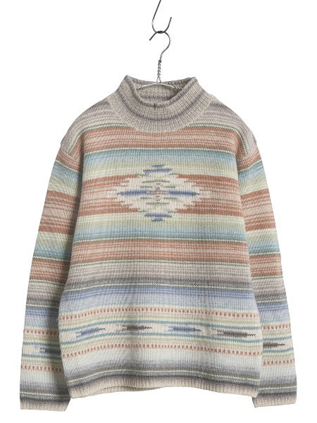 90s ローレン ラルフローレン ネイティブ ボーダー ニット セーター レディース S オールド ポロ ウール 手編み ハンドメイド ハイネック 