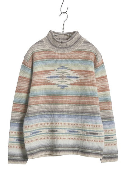 90s ローレン ラルフローレン ネイティブ ボーダー ニット セーター レディース S オールド ポロ ウール 手編み ハンドメイド ハイネック 