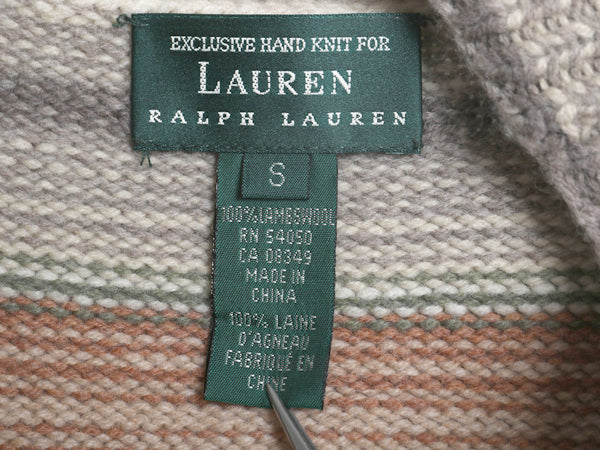 90s ローレン ラルフローレン ネイティブ ボーダー ニット セーター レディース S オールド ポロ ウール 手編み ハンドメイド ハイネック 