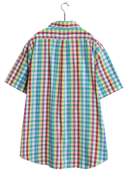 70s 80s ラコステ チェック 半袖 ボタンダウン シャツ メンズ XL 小さめ L 程/ ヴィンテージ 半袖シャツ コットン マルチカラー カジュアル