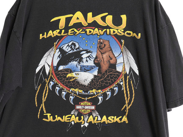 90s USA製 ハーレー ダビッドソン 両面 プリント Tシャツ メンズ XL / オールド ウルフ イーグル バイク アート イラスト 大きいサイズ 黒