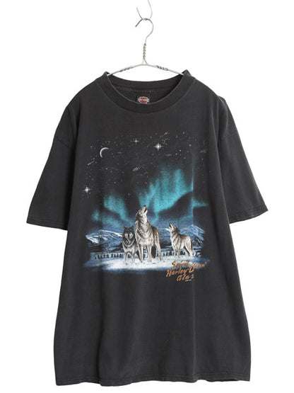 90s USA製 ハーレー ダビッドソン 両面 プリント Tシャツ メンズ XL / オールド ウルフ イーグル バイク アート イラスト 大きいサイズ 黒