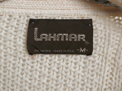 80s USA製 LAHMAR フィッシャーマン ニット カーディガン メンズ M 古着 ヴィンテージ アラン セーター 前開き 重ね着 アクリル ナチュラル