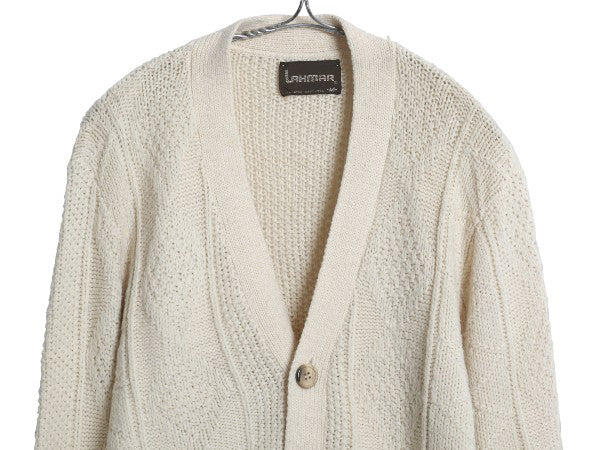 80s USA製 LAHMAR フィッシャーマン ニット カーディガン メンズ M 古着 ヴィンテージ アラン セーター 前開き 重ね着 アクリル ナチュラル