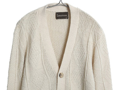 80s USA製 LAHMAR フィッシャーマン ニット カーディガン メンズ M 古着 ヴィンテージ アラン セーター 前開き 重ね着 アクリル ナチュラル