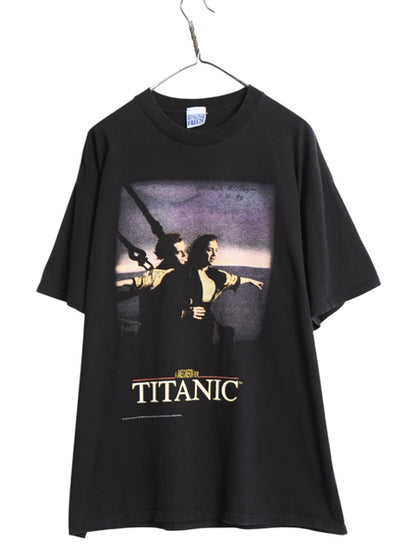 90s ★ タイタニック イラスト プリント Tシャツ メンズ レディース XL / 古着 当時物 オフィシャル 映画 ムービー ディカプリオ アート 黒