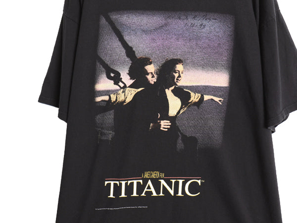 90s ★ タイタニック イラスト プリント Tシャツ メンズ レディース XL / 古着 当時物 オフィシャル 映画 ムービー ディカプリオ アート 黒