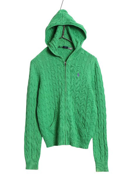 ラルフローレン コットン ケーブル ニット パーカー レディース L / ポロ スポーツ フルジップ セーター ワンポイント 長袖ニット シンプル
