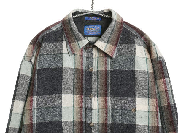 90s USA製 ペンドルトン チェック 長袖 ウール シャツ メンズ XL / 古着 オールド エルボーパッチ ポケット付き マルチカラー 大きいサイズ