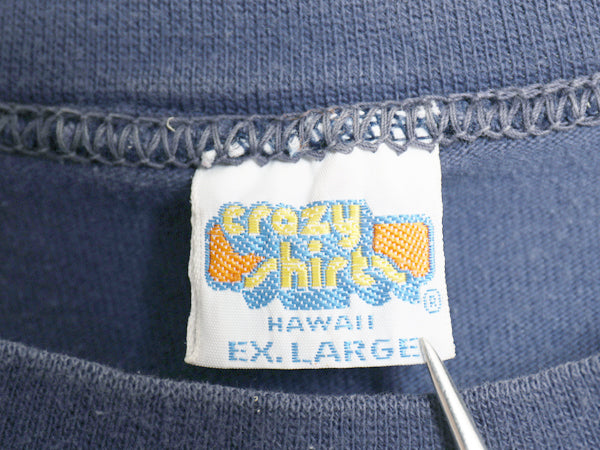 80s USA製 クレイジーシャツ サーファー イラスト プリント 半袖 Tシャツ メンズ XL 小さめ L 程 ヴィンテージ サーフ シングルステッチ 紺