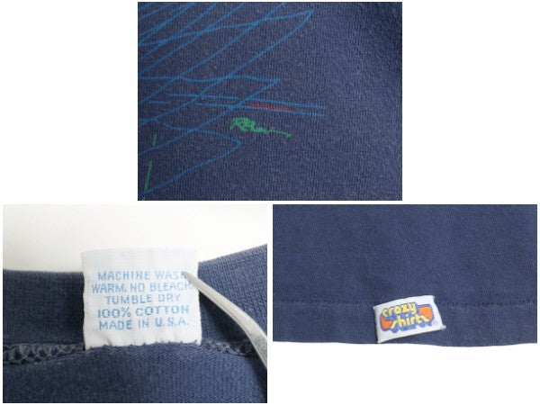 80s USA製 クレイジーシャツ サーファー イラスト プリント 半袖 Tシャツ メンズ XL 小さめ L 程 ヴィンテージ サーフ シングルステッチ 紺