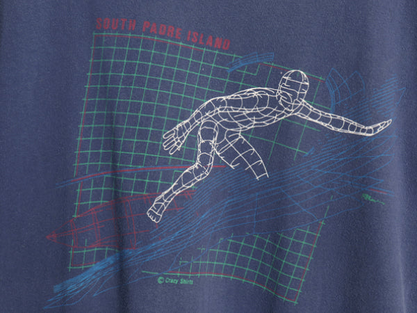 80s USA製 クレイジーシャツ サーファー イラスト プリント 半袖 Tシャツ メンズ XL 小さめ L 程 ヴィンテージ サーフ シングルステッチ 紺