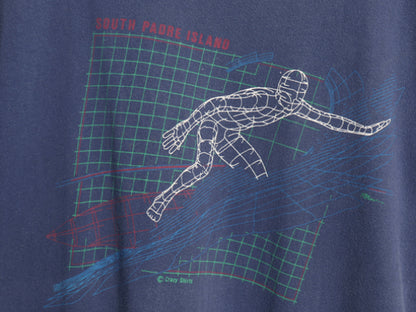 80s USA製 クレイジーシャツ サーファー イラスト プリント 半袖 Tシャツ メンズ XL 小さめ L 程 ヴィンテージ サーフ シングルステッチ 紺