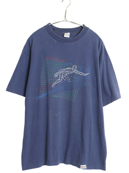 80s USA製 クレイジーシャツ サーファー イラスト プリント 半袖 Tシャツ メンズ XL 小さめ L 程 ヴィンテージ サーフ シングルステッチ 紺