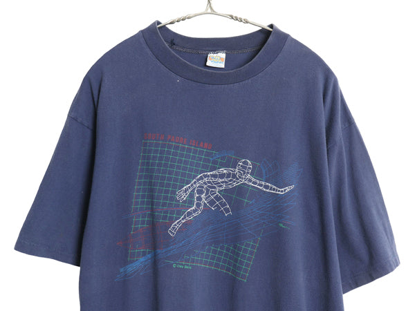 80s USA製 クレイジーシャツ サーファー イラスト プリント 半袖 Tシャツ メンズ XL 小さめ L 程 ヴィンテージ サーフ シングルステッチ 紺