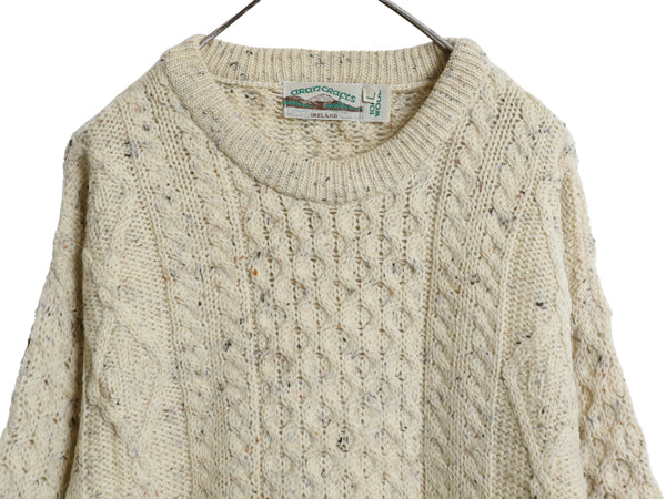 アイルランド製 aran crafts フィッシャーマン ウール ニット セーター メンズ L 古着 アラン ケーブル 長袖ニット ローゲージ ナチュラル