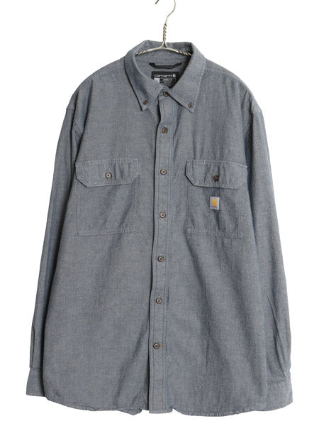 US企画 カーハート ボタンダウン 長袖 シャンブレー シャツ メンズ L / 古着 LOOSE FIT ワーク コットン ワンポイント ポケット付き ブルー