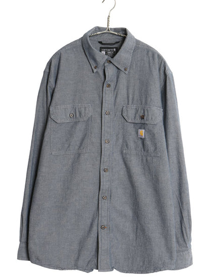 US企画 カーハート ボタンダウン 長袖 シャンブレー シャツ メンズ L / 古着 LOOSE FIT ワーク コットン ワンポイント ポケット付き ブルー