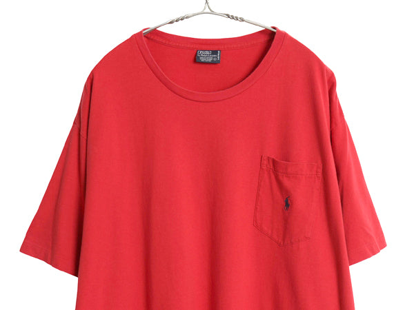 00s ポロ ラルフローレン ポケット付き 半袖 Tシャツ メンズ L 古着 オールド シングルステッチ ワンポイント ポニー 耳付き ポケT 無地 赤