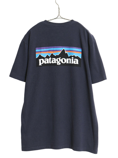 パタゴニア 両面 プリント 半袖 Tシャツ メンズ L 古着 19年製 アウトドア P6 ボックスロゴ バックプリント カットソー シンプル ネイビー
