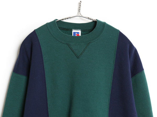 90s USA製 ラッセル 無地 スウェット メンズ レディース L 古着 オールド トレーナー 前V 裏起毛 ワンポイント バイカラー ツートン 緑 紺 