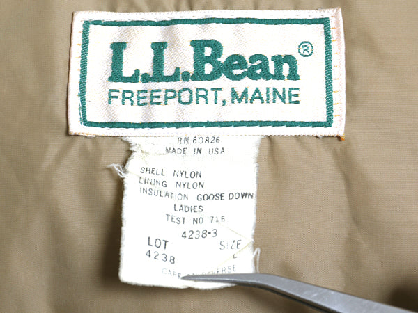 80s USA製 エルエルビーン ナイロン ダウン ベスト レディース L 古着 ヴィンテージ 旧タグ アウトドア ハイネック 重ね着 前開き ベージュ