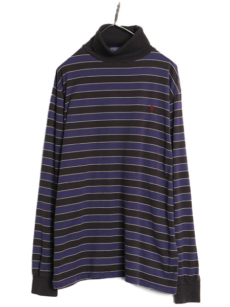 90s ポロ ラルフローレン タートルネック ボーダー 長袖 Tシャツ メンズ L オールド ロンT コットン ストレッチ スムース 素材 カットソー