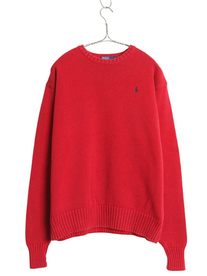90s ポロ ラルフローレン コットン ニット セーター メンズ XL オールド 長袖ニット ワンポイント クルーネック シンプル 大きいサイズ 赤