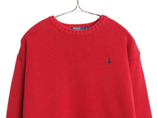90s ポロ ラルフローレン コットン ニット セーター メンズ XL オールド 長袖ニット ワンポイント クルーネック シンプル 大きいサイズ 赤