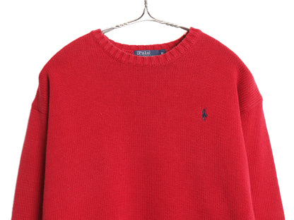90s ポロ ラルフローレン コットン ニット セーター メンズ XL オールド 長袖ニット ワンポイント クルーネック シンプル 大きいサイズ 赤