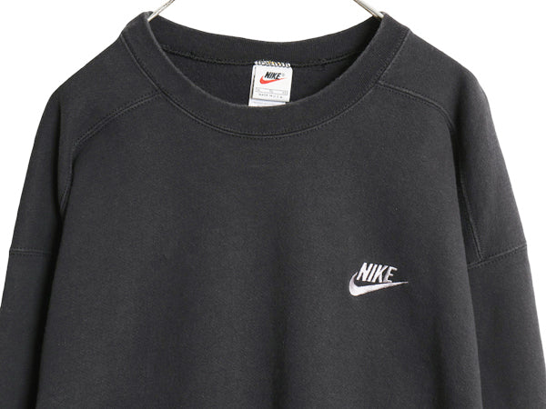 90s USA製 ナイキ スウッシュ ロゴ 刺繍 スウェット メンズ XL オールド 裏起毛 トレーナー ワンポイント 大きいサイズ ブラック シンプル