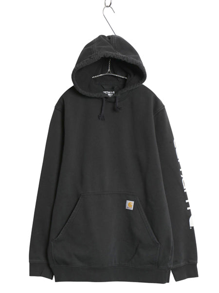 カーハート スウェット フード パーカー メンズ M 古着 袖 ロゴ プリント トレーナー 裏起毛 プルオーバー ミドルウェイト ワンポイント 黒