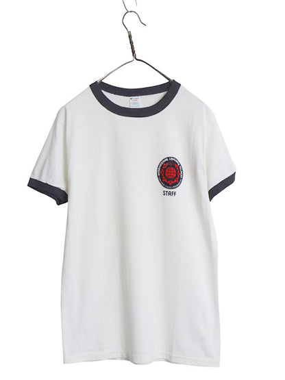デッドストック 80s USA製 チャンピオン カレッジ プリント リンガー Tシャツ メンズ L 小さめ M 程/ ヴィンテージ トリコタグ カットソー