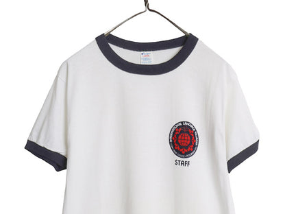 デッドストック 80s USA製 チャンピオン カレッジ プリント リンガー Tシャツ メンズ L 小さめ M 程/ ヴィンテージ トリコタグ カットソー