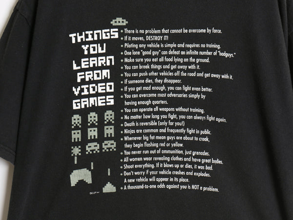 00s ゲーム パロディ イラスト プリント Tシャツ メンズ XL / オールド スペース インベーダー メッセージ ヘビーウェイト 大きいサイズ 黒