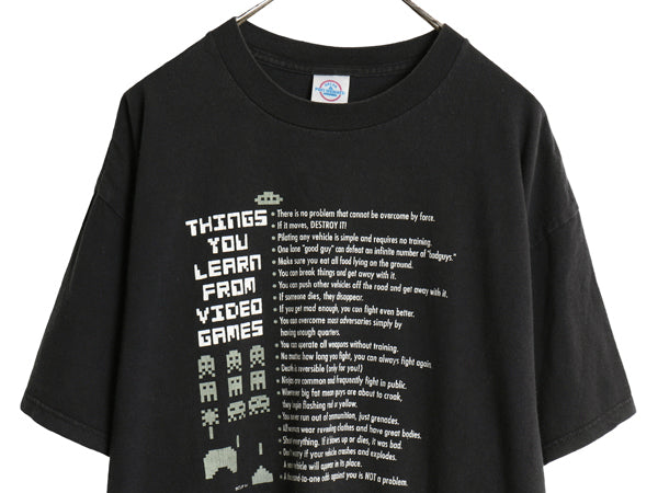 00s ゲーム パロディ イラスト プリント Tシャツ メンズ XL / オールド スペース インベーダー メッセージ ヘビーウェイト 大きいサイズ 黒
