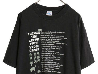 00s ゲーム パロディ イラスト プリント Tシャツ メンズ XL / オールド スペース インベーダー メッセージ ヘビーウェイト 大きいサイズ 黒