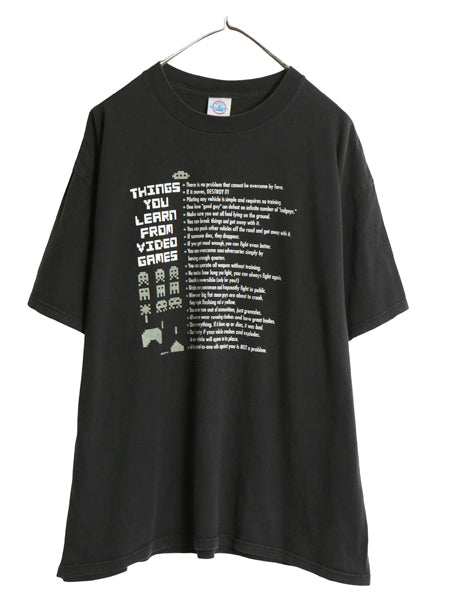 00s ゲーム パロディ イラスト プリント Tシャツ メンズ XL / オールド スペース インベーダー メッセージ ヘビーウェイト 大きいサイズ 黒