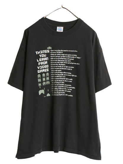 00s ゲーム パロディ イラスト プリント Tシャツ メンズ XL / オールド スペース インベーダー メッセージ ヘビーウェイト 大きいサイズ 黒