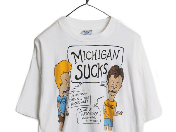 90s USA製 ★ ビーバス&バットヘッド カレッジ パロディ プリント Tシャツ メンズ XL / 古着 当時物 キャラクター アニメ フットボール 白