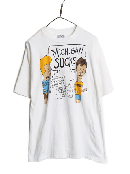 90s USA製 ★ ビーバス&バットヘッド カレッジ パロディ プリント Tシャツ メンズ XL / 古着 当時物 キャラクター アニメ フットボール 白