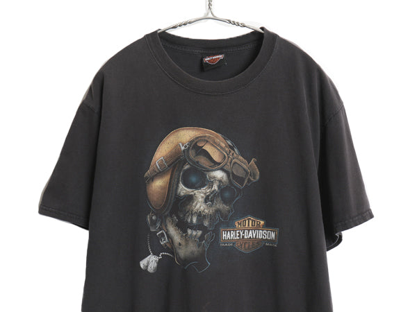 ハーレー ダビッドソン 両面 プリント Tシャツ メンズ L 程 古着 オフィシャル バイク スカル イラスト アート グラフィック カットソー 黒