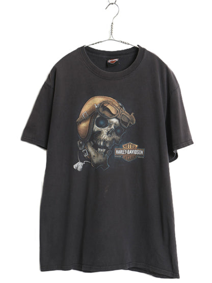 ハーレー ダビッドソン 両面 プリント Tシャツ メンズ L 程 古着 オフィシャル バイク スカル イラスト アート グラフィック カットソー 黒